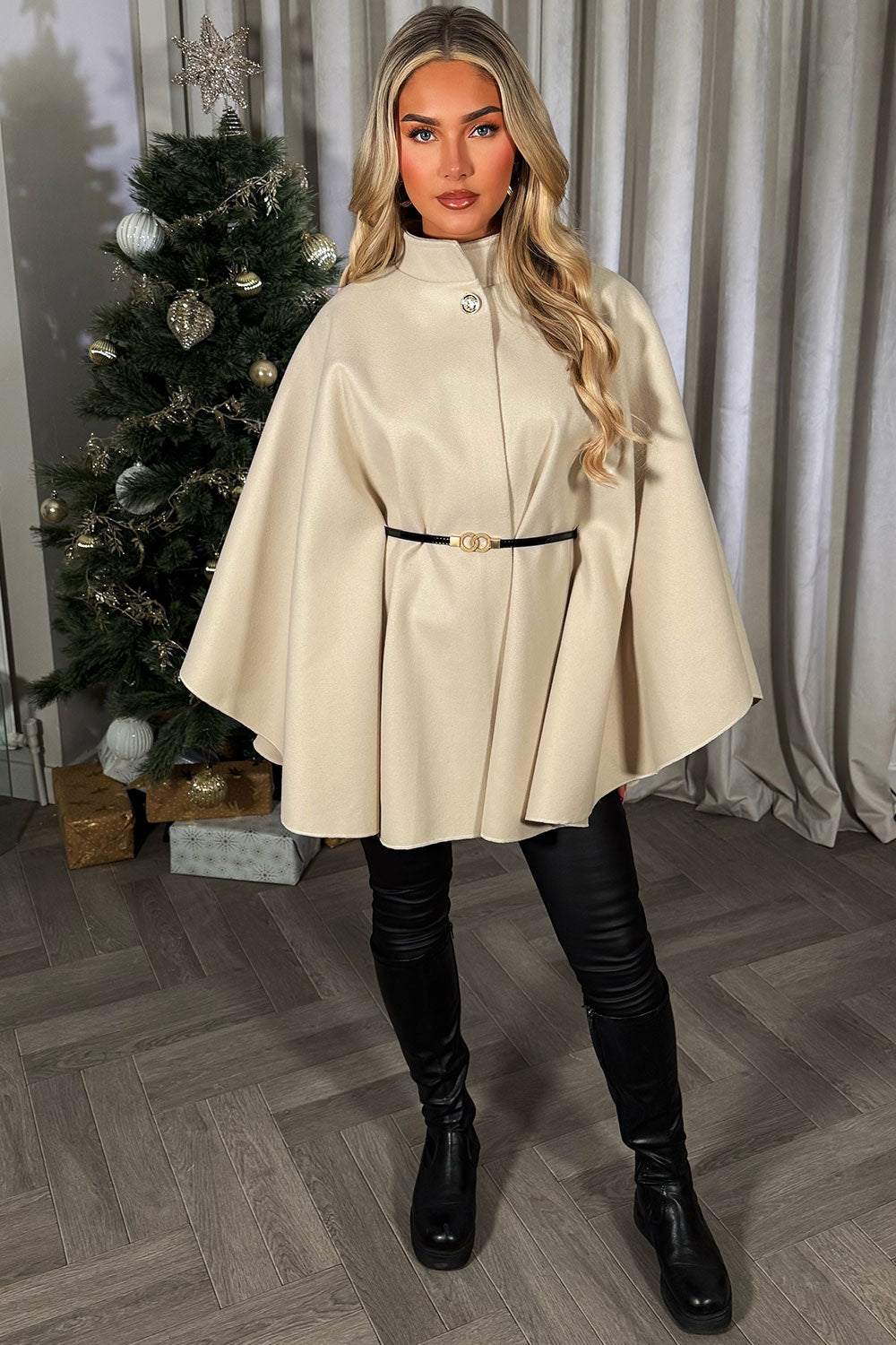 Cape with Belt and Button Beige Poncho | Xtralitty