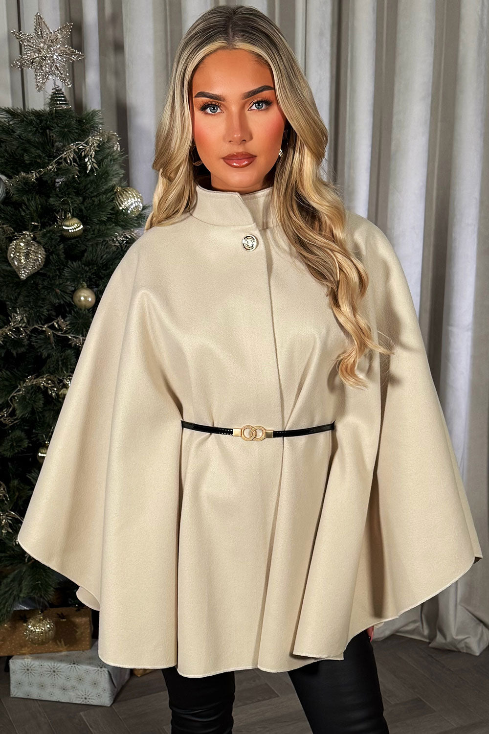 Cape with Belt and Button Beige Poncho | Xtralitty
