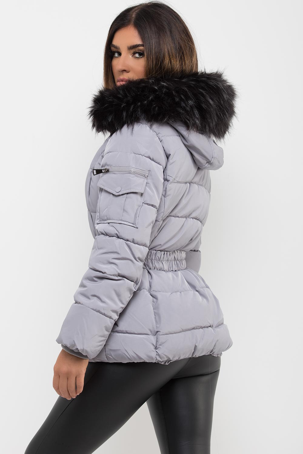 Grey Faux Fur Hooded Jacket with Belt | Xtralitty