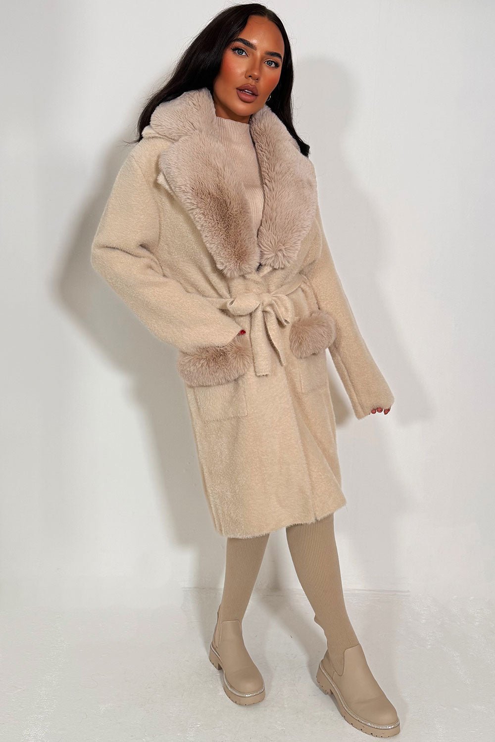 Faux Fur Collar Belted Coat with Faux Fur Cuff B | Xtralitty
