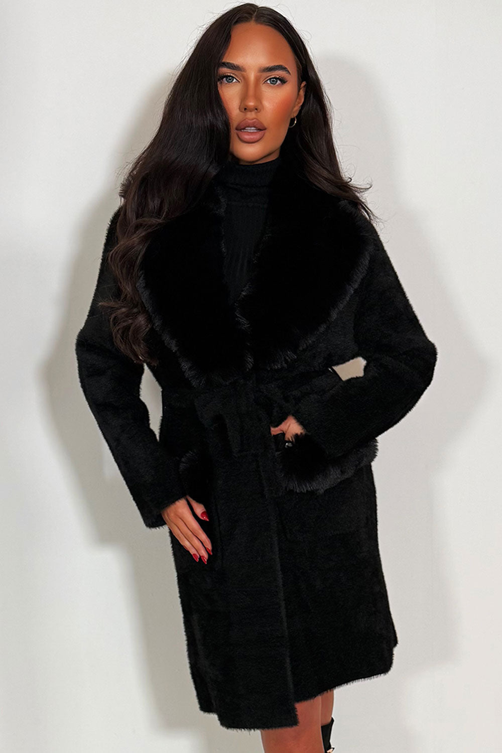 Faux Fur Collar Belted Coat with Faux Fur Cuff B | Xtralitty