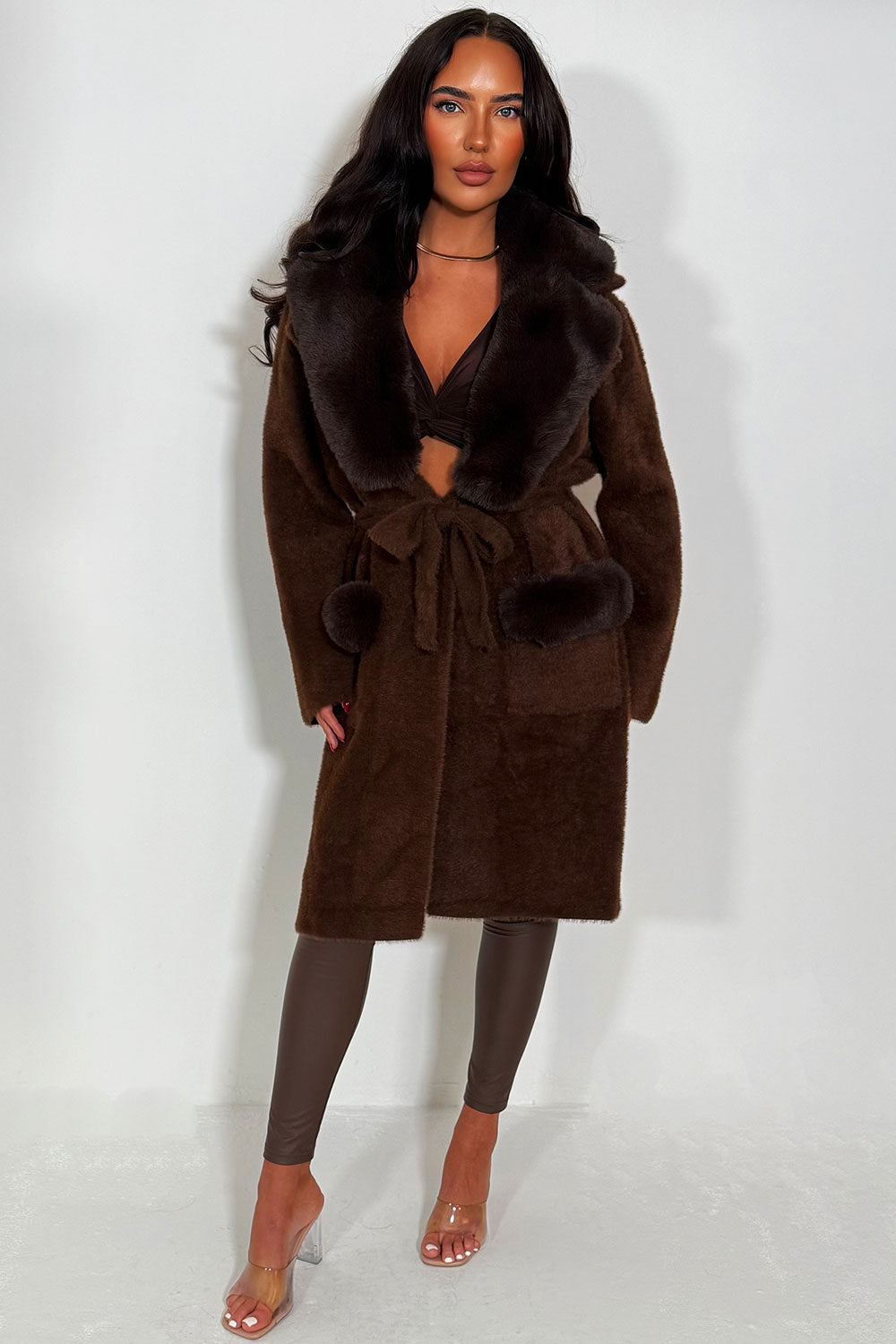 Faux Fur Collar Belted Coat with Faux Fur Cuff B | Xtralitty
