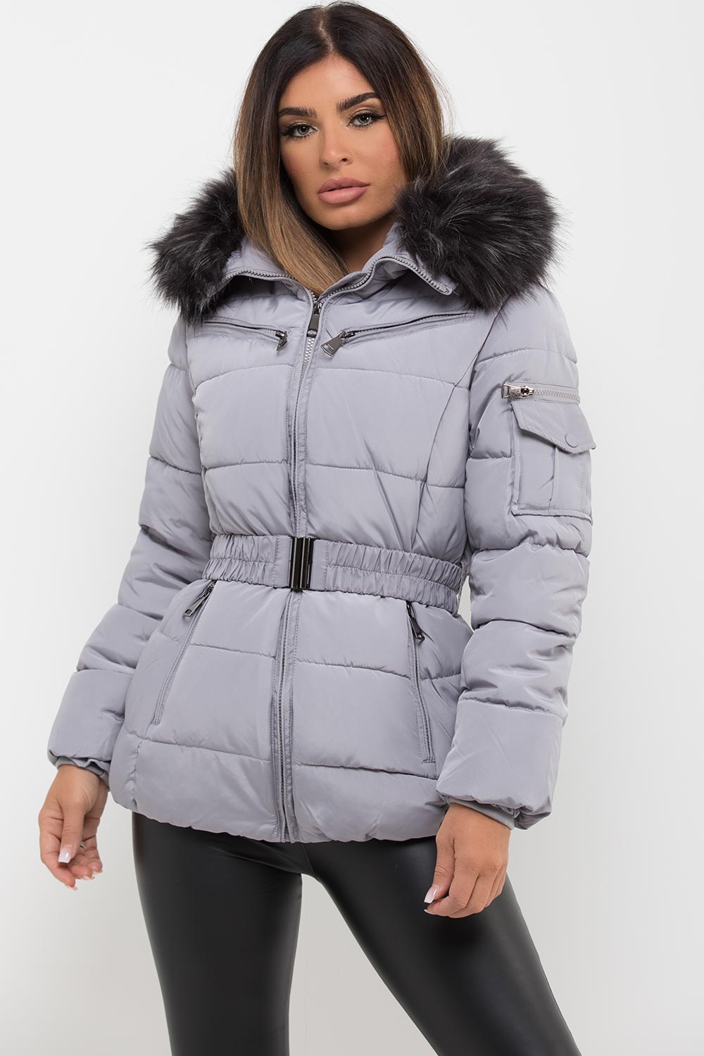 Grey Faux Fur Hooded Jacket with Belt | Xtralitty