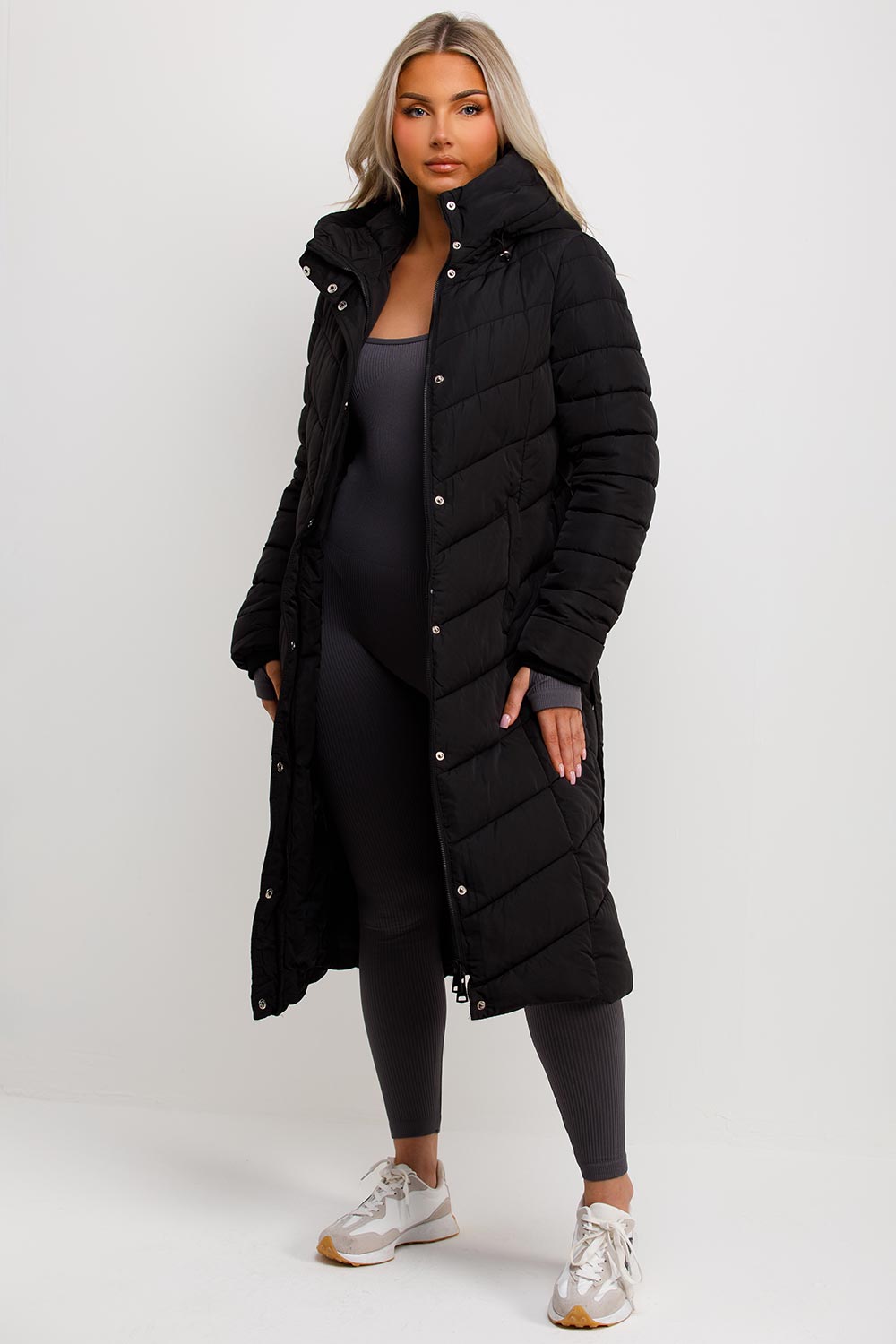 Long Padded Puffer Coat with Belt Black | Xtralitty