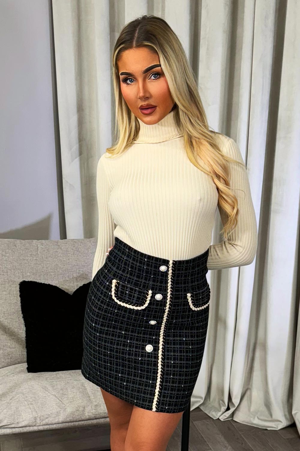 Checkered Knitted Skirt with Pearl Embellishment | Xtralitty