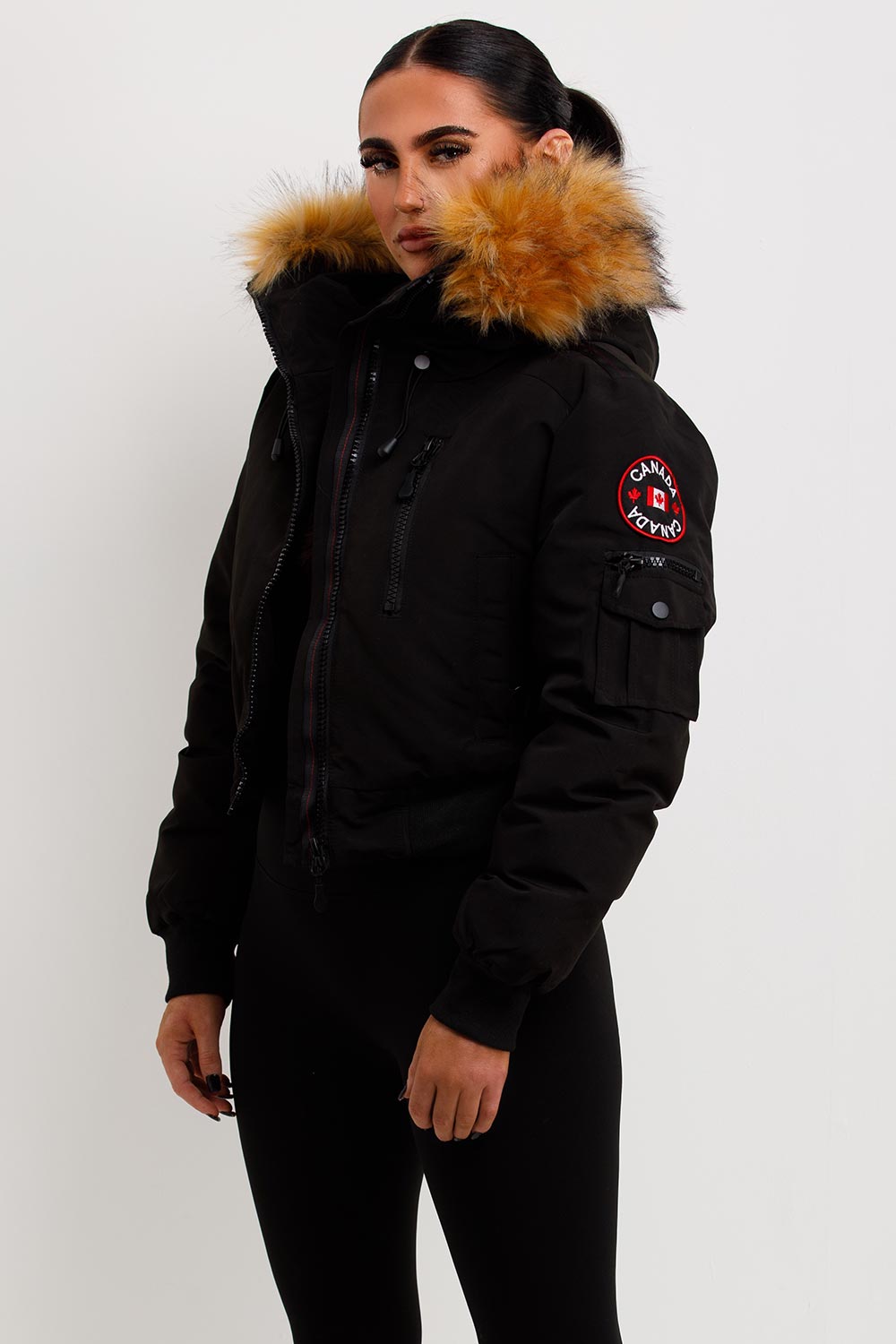 Canada Crop Bomber Jacket with Fur Hood Black | Xtralitty