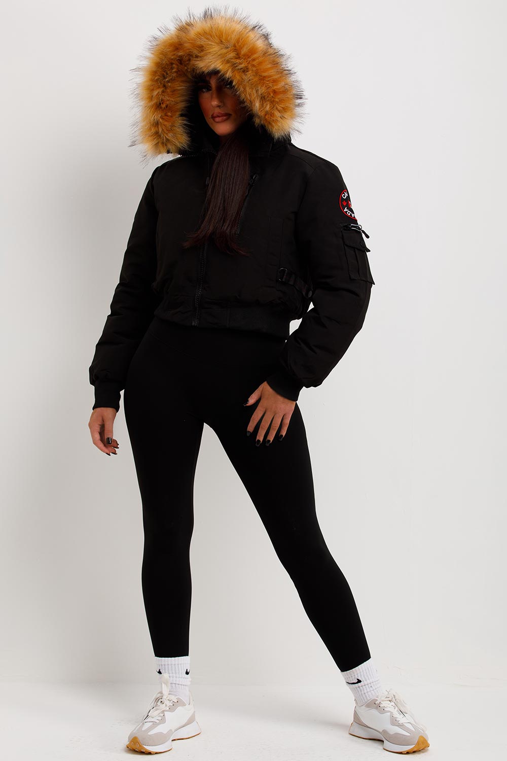 Canada Crop Bomber Jacket with Fur Hood Black | Xtralitty