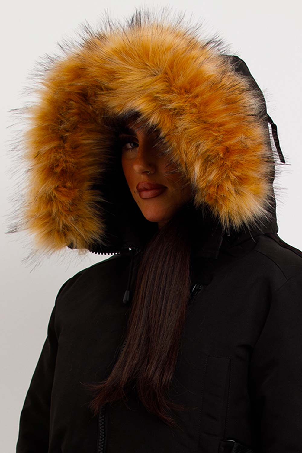 Canada Crop Bomber Jacket with Fur Hood Black | Xtralitty