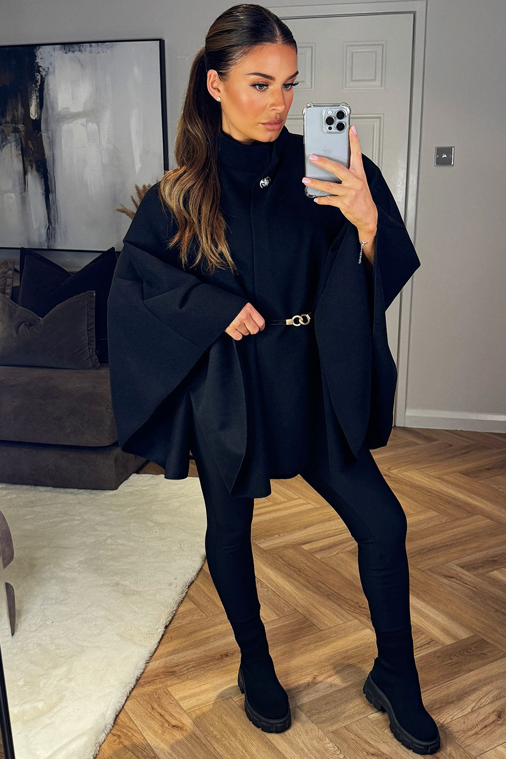 Cape with Belt and Button Black Poncho | Xtralitty