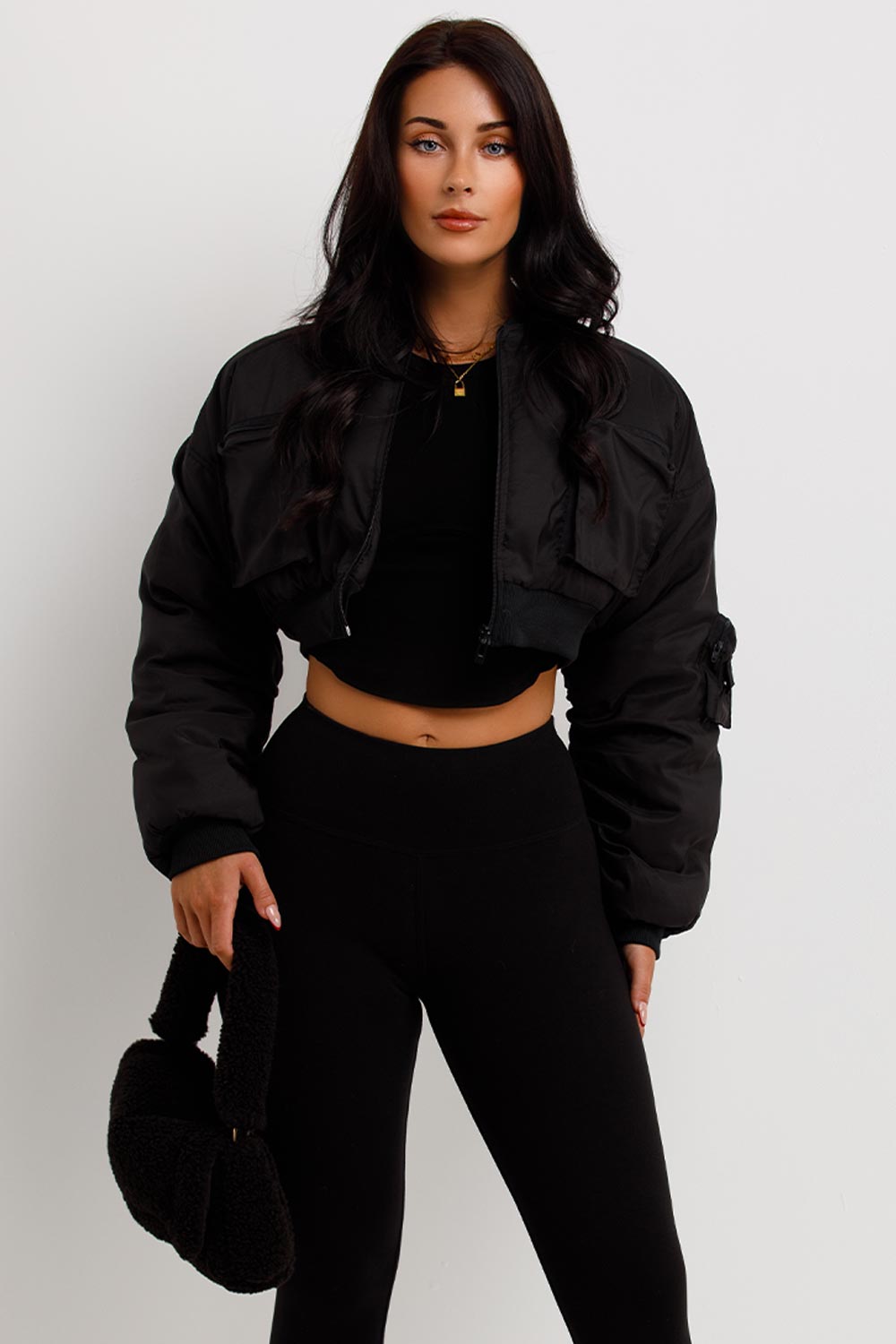 Crop Bomber Jacket with Pockets Black | Xtralitty