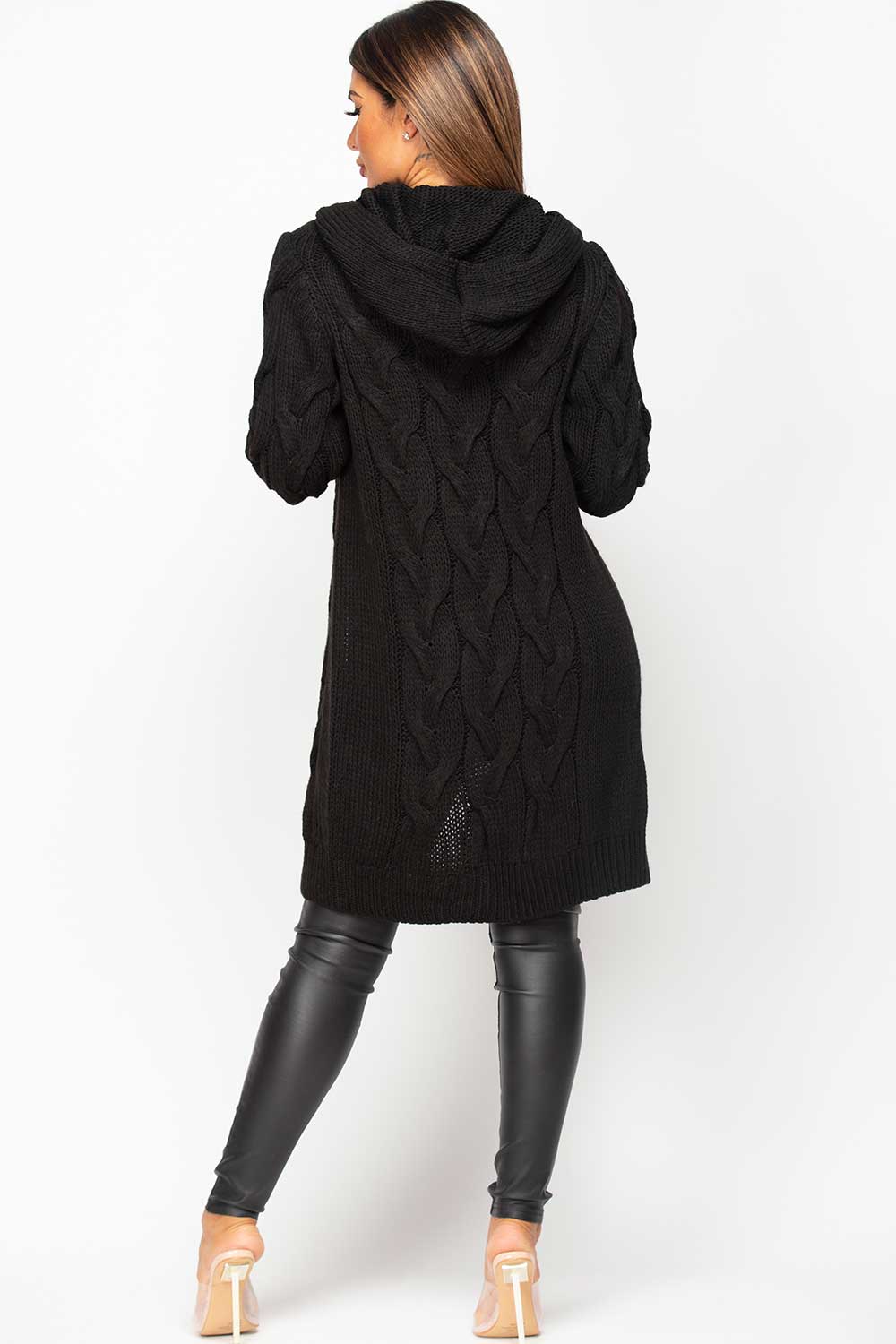 Grey Longline Hooded Cable Knit Cardigan | Xtralitty