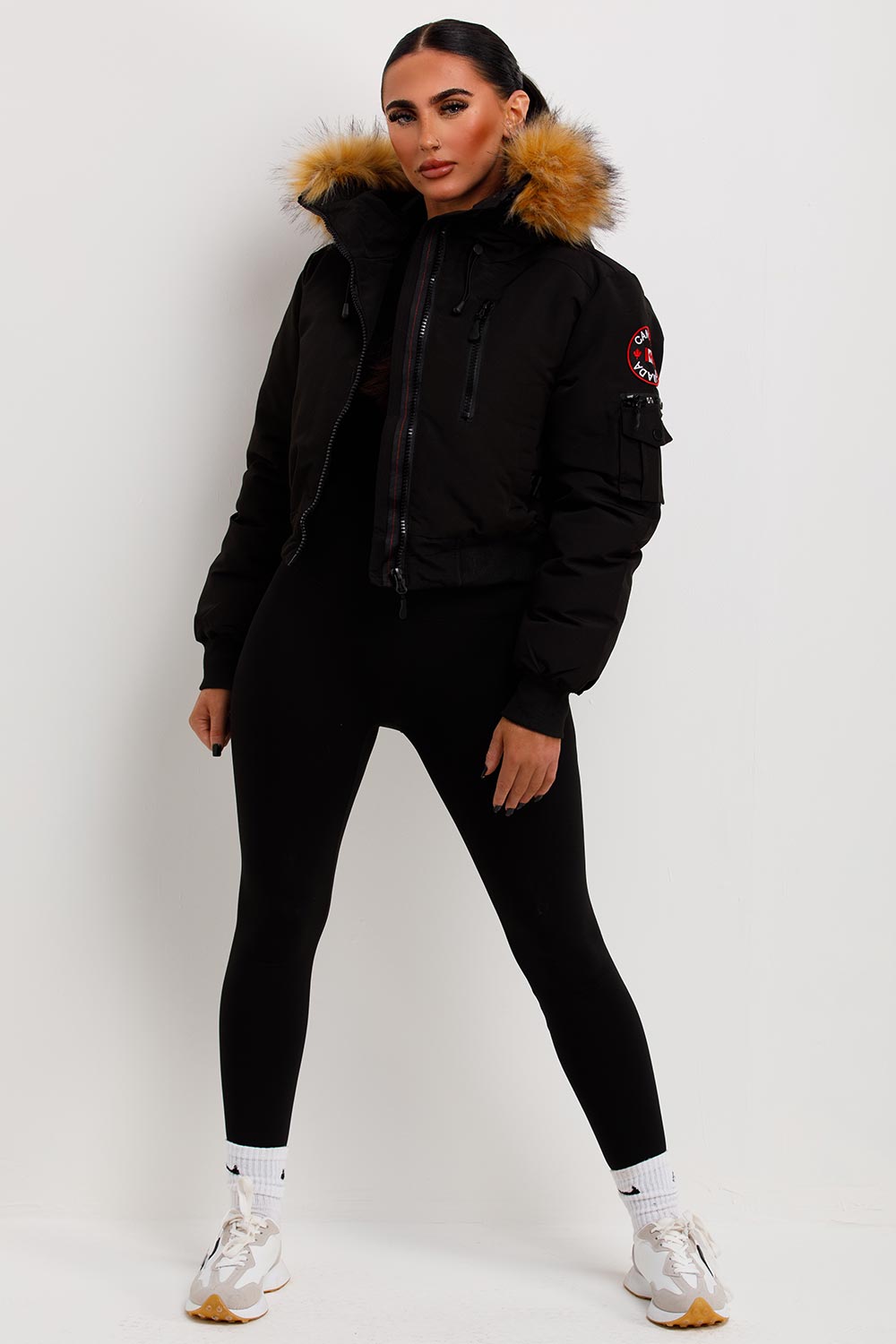 Canada Crop Bomber Jacket with Fur Hood Black | Xtralitty