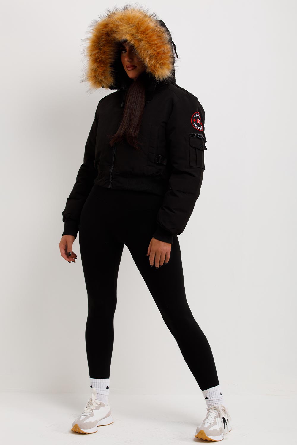 Canada Crop Bomber Jacket with Fur Hood Black | Xtralitty
