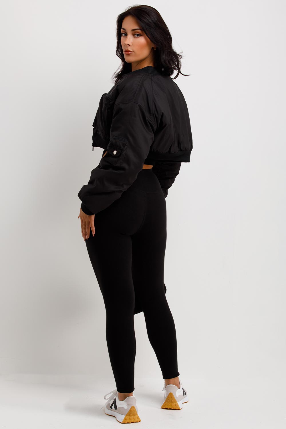 Crop Bomber Jacket with Pockets Black | Xtralitty