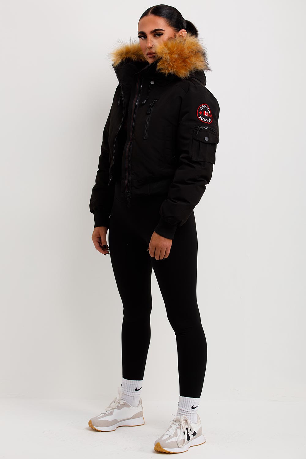 Canada Crop Bomber Jacket with Fur Hood Black | Xtralitty