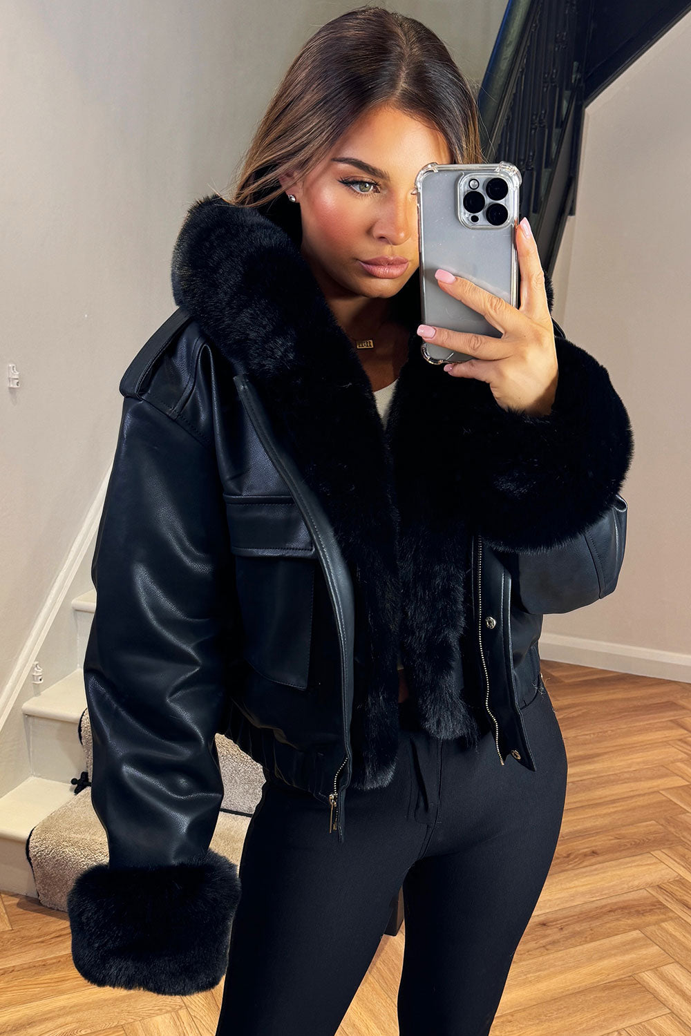 Faux Fur Bomber Jacket in Faux Leather Black | Xtralitty