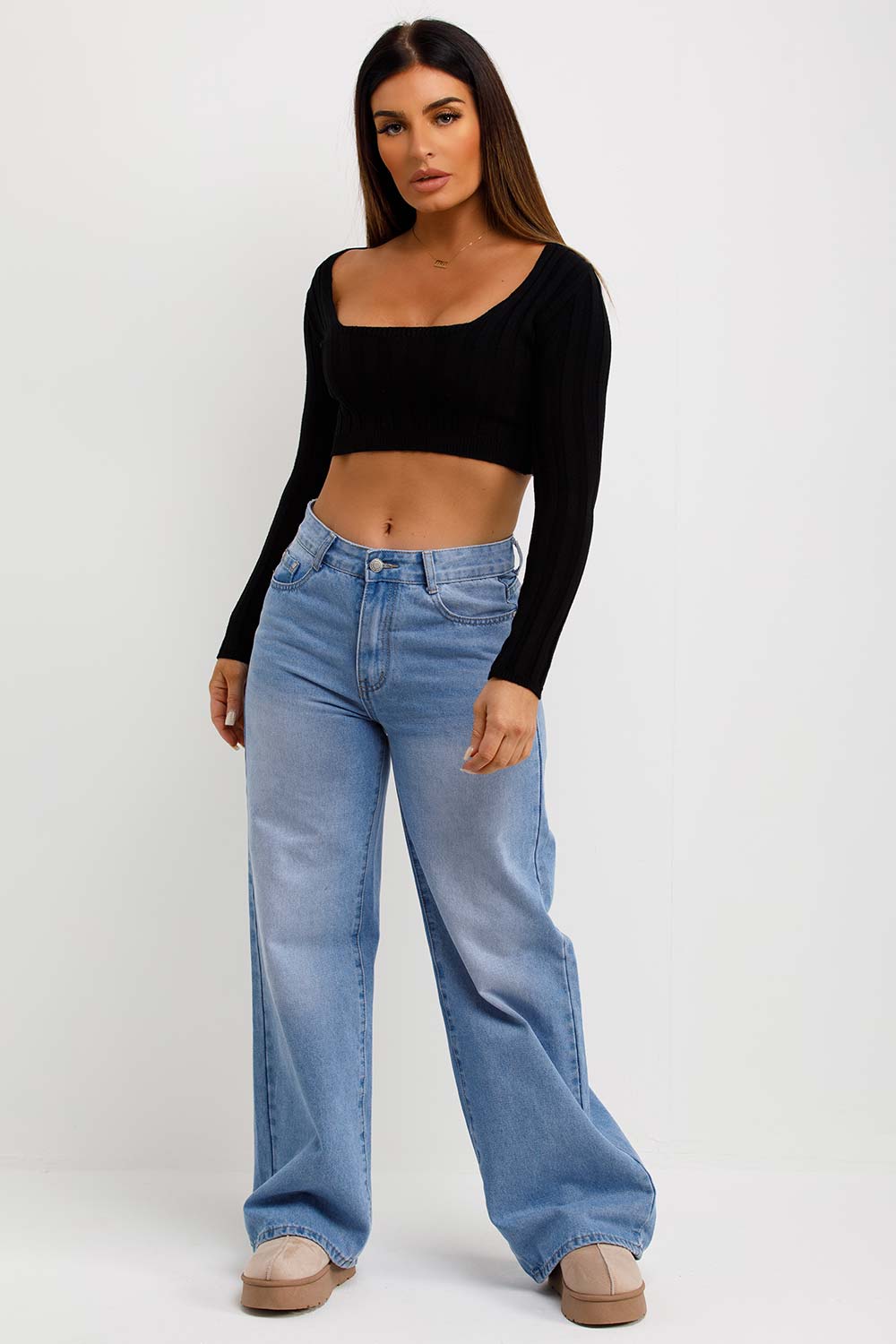 Knitted Square Neck Crop Jumper Black | Xtralitty