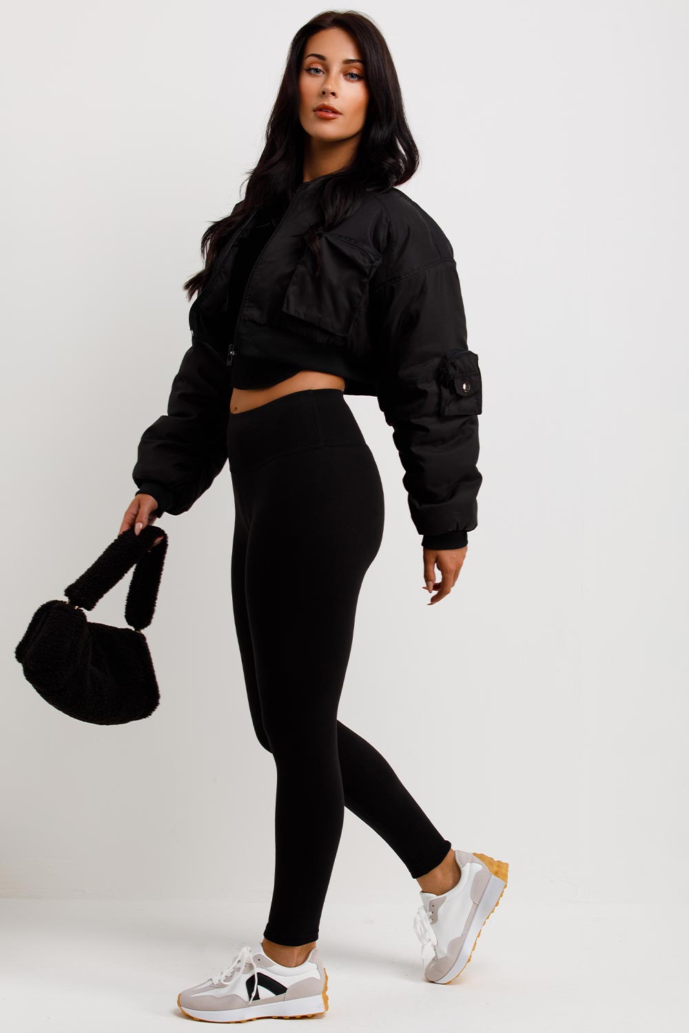 Crop Bomber Jacket with Pockets Black | Xtralitty