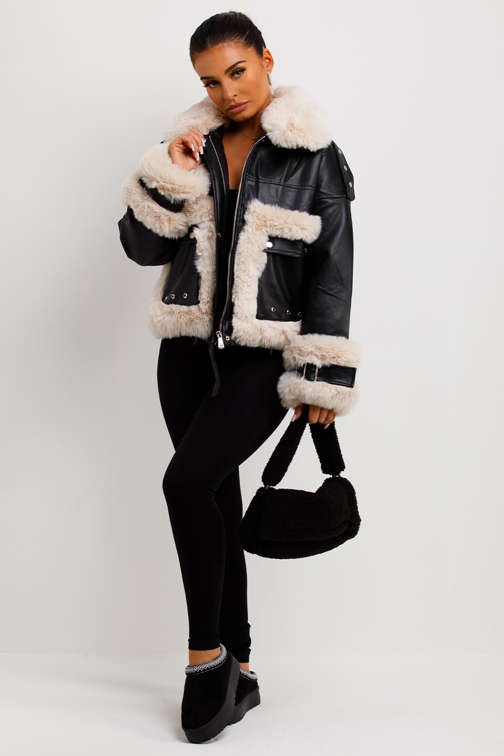 Faux Fur Trim Faux Leather Jacket Black | Xtralitty