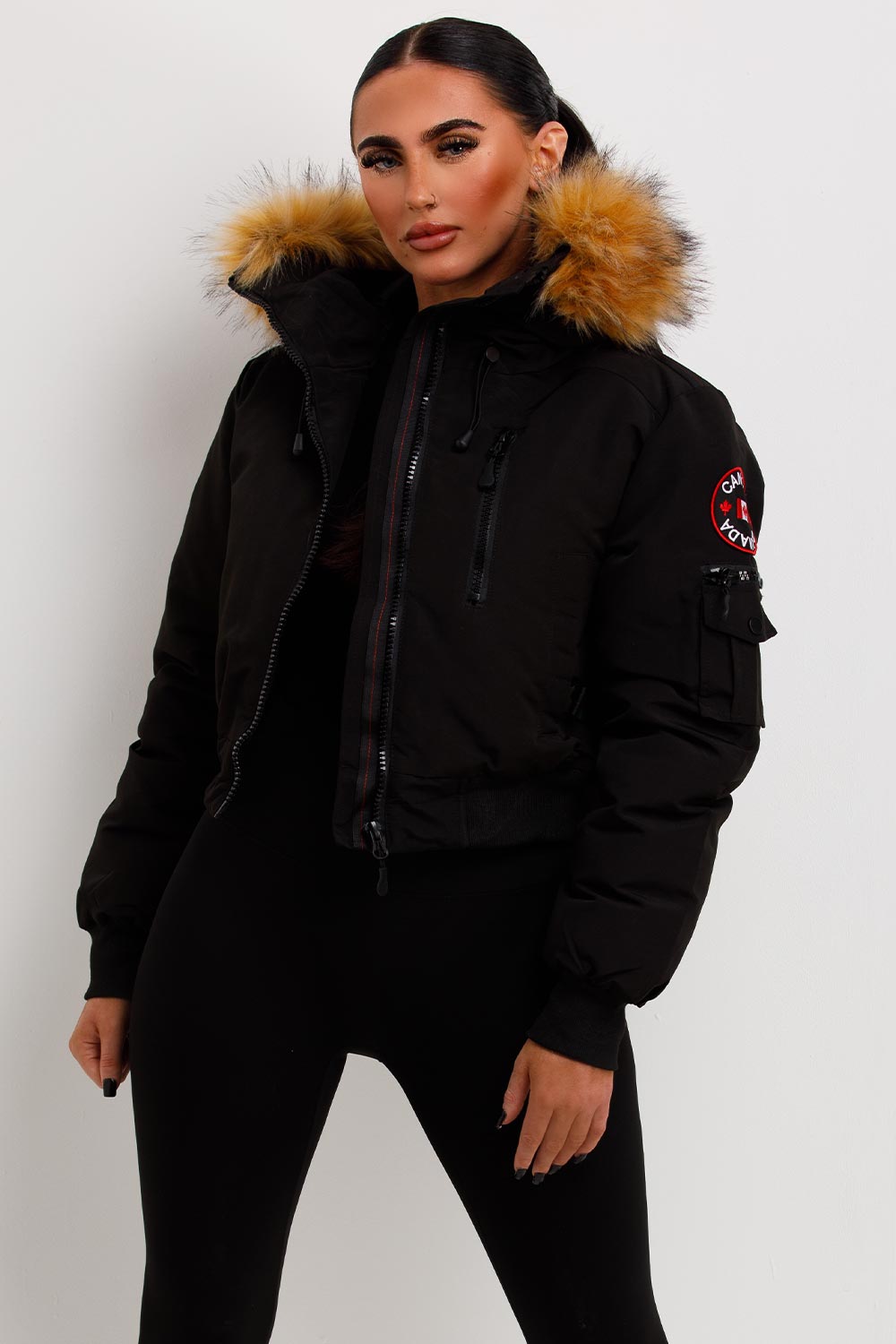 Canada Crop Bomber Jacket with Fur Hood Black | Xtralitty