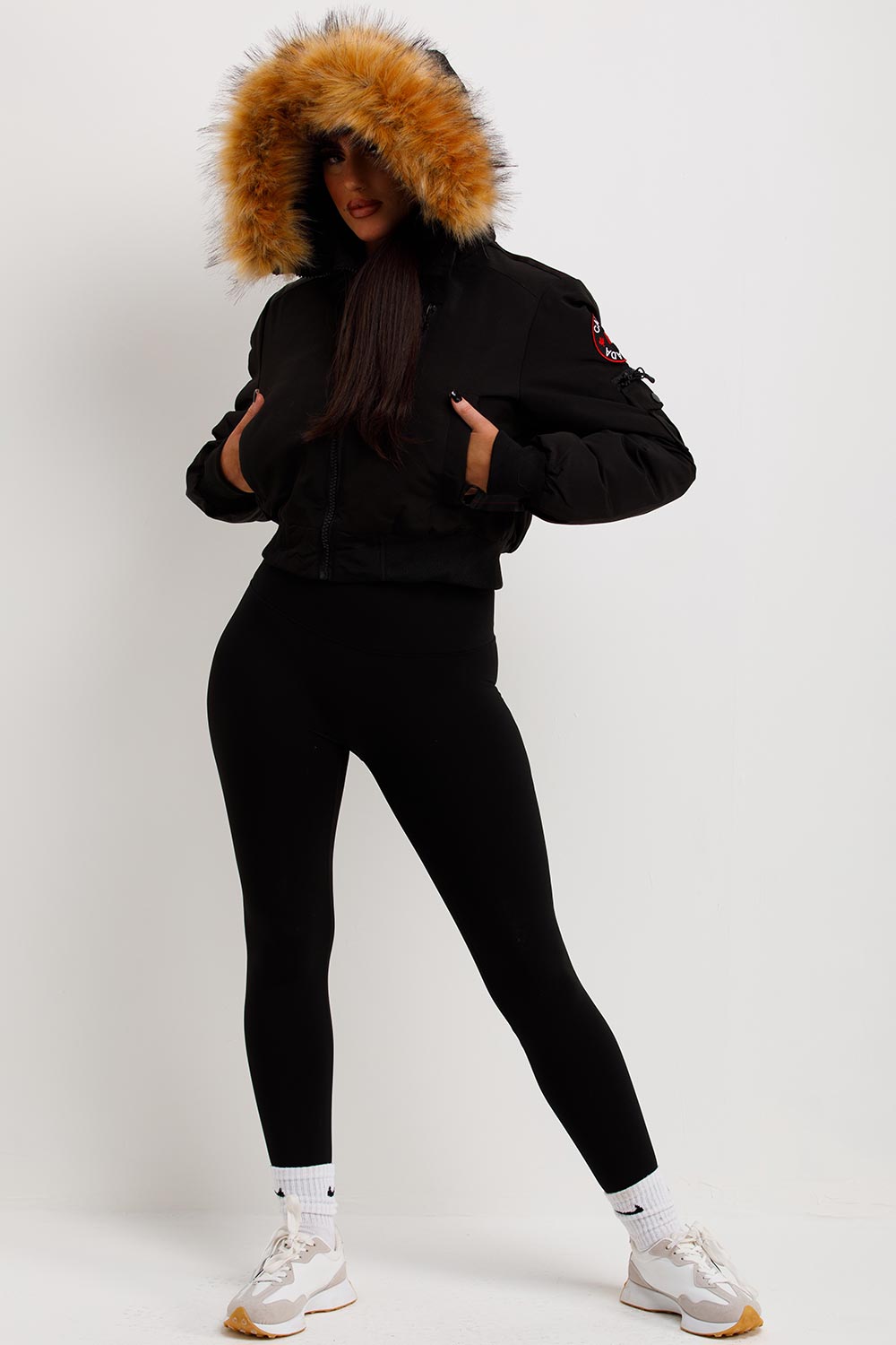 Canada Crop Bomber Jacket with Fur Hood Black | Xtralitty