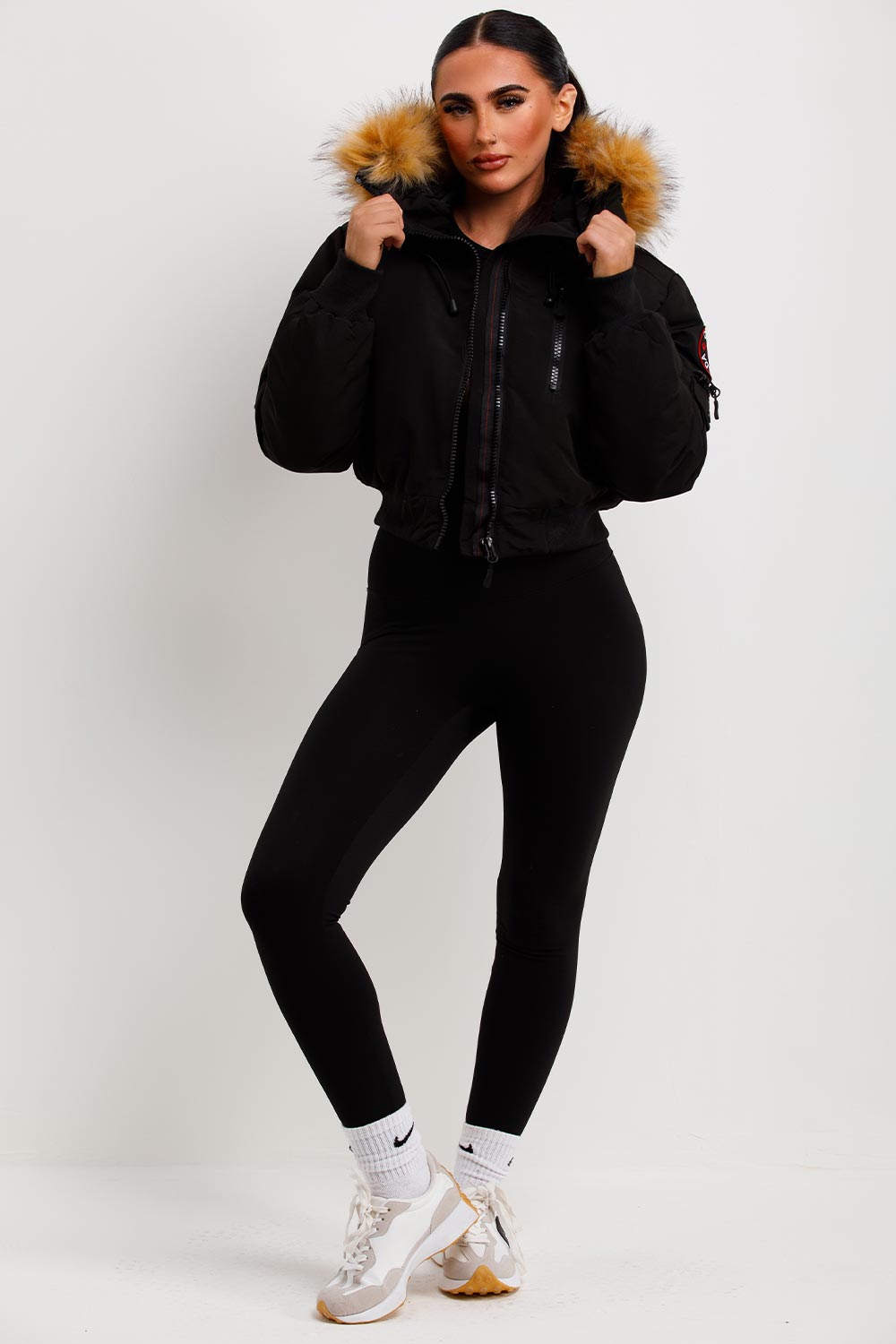Canada Crop Bomber Jacket with Fur Hood Black | Xtralitty