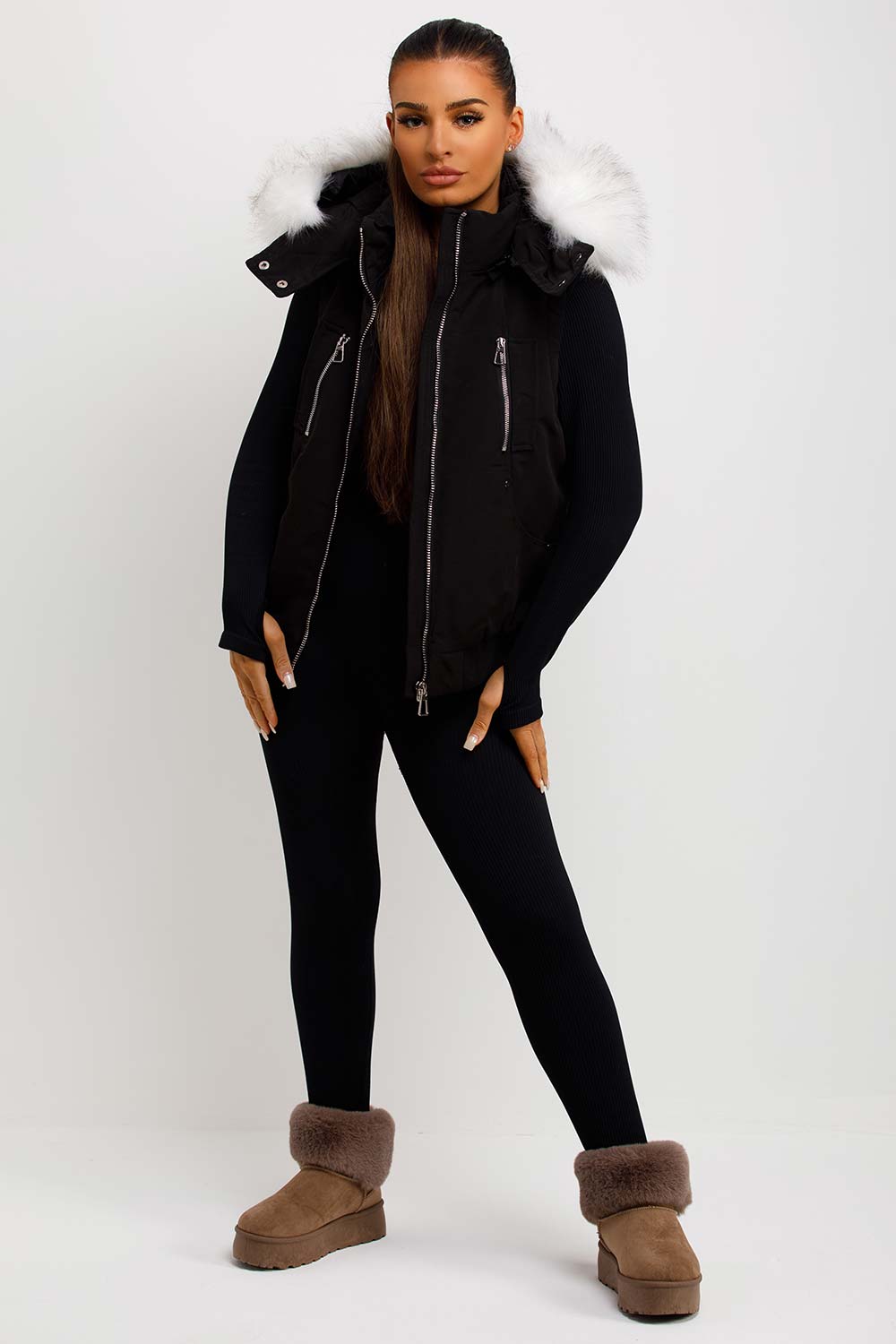 Black Gilet with Faux Fur Hood | Xtralitty