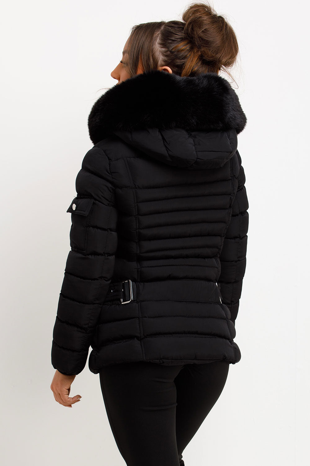 Puffer Jacket with Faux Fur Hood Side Buckle Det | Xtralitty