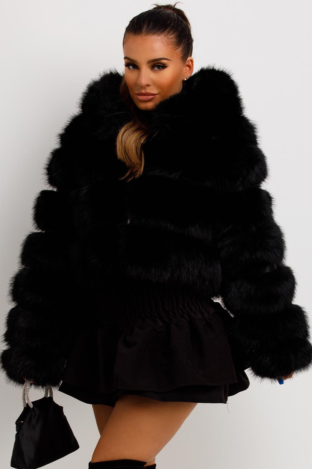Faux Fur Coat with Hood Black | Xtralitty