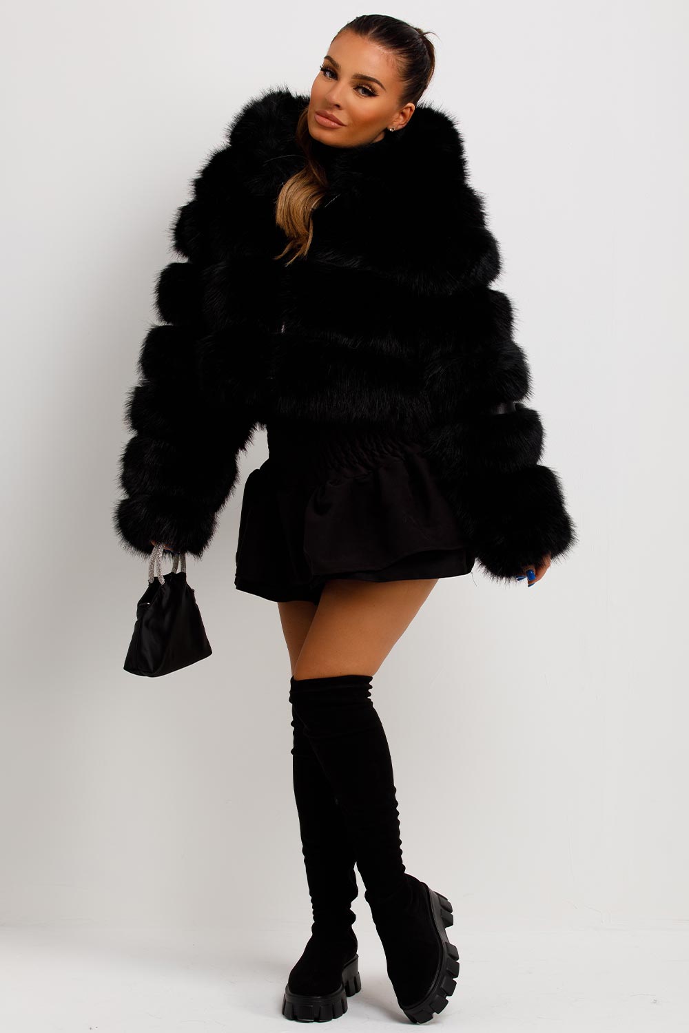 Faux Fur Coat with Hood Black | Xtralitty