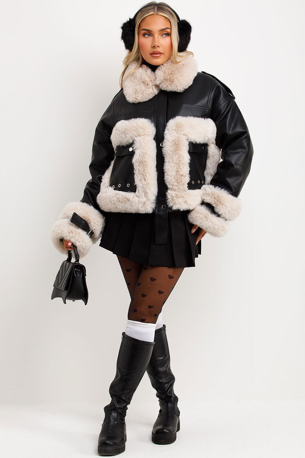 Faux Fur Trim Faux Leather Jacket Black | Xtralitty