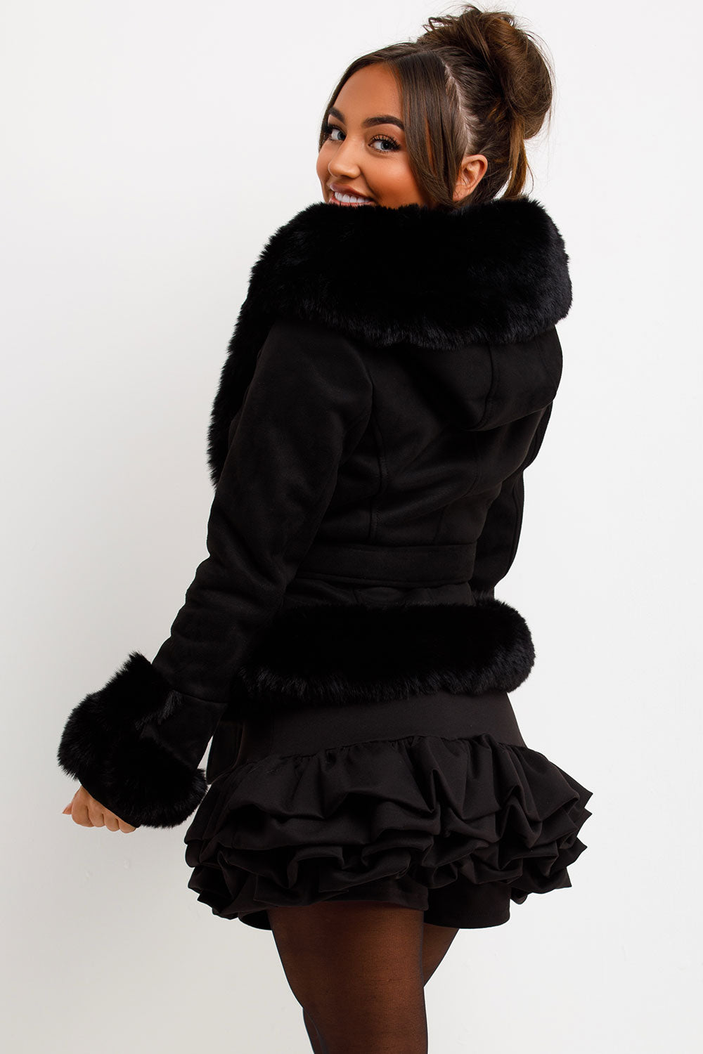 Faux Fur Faux Suede Jacket with Belt Black | Xtralitty