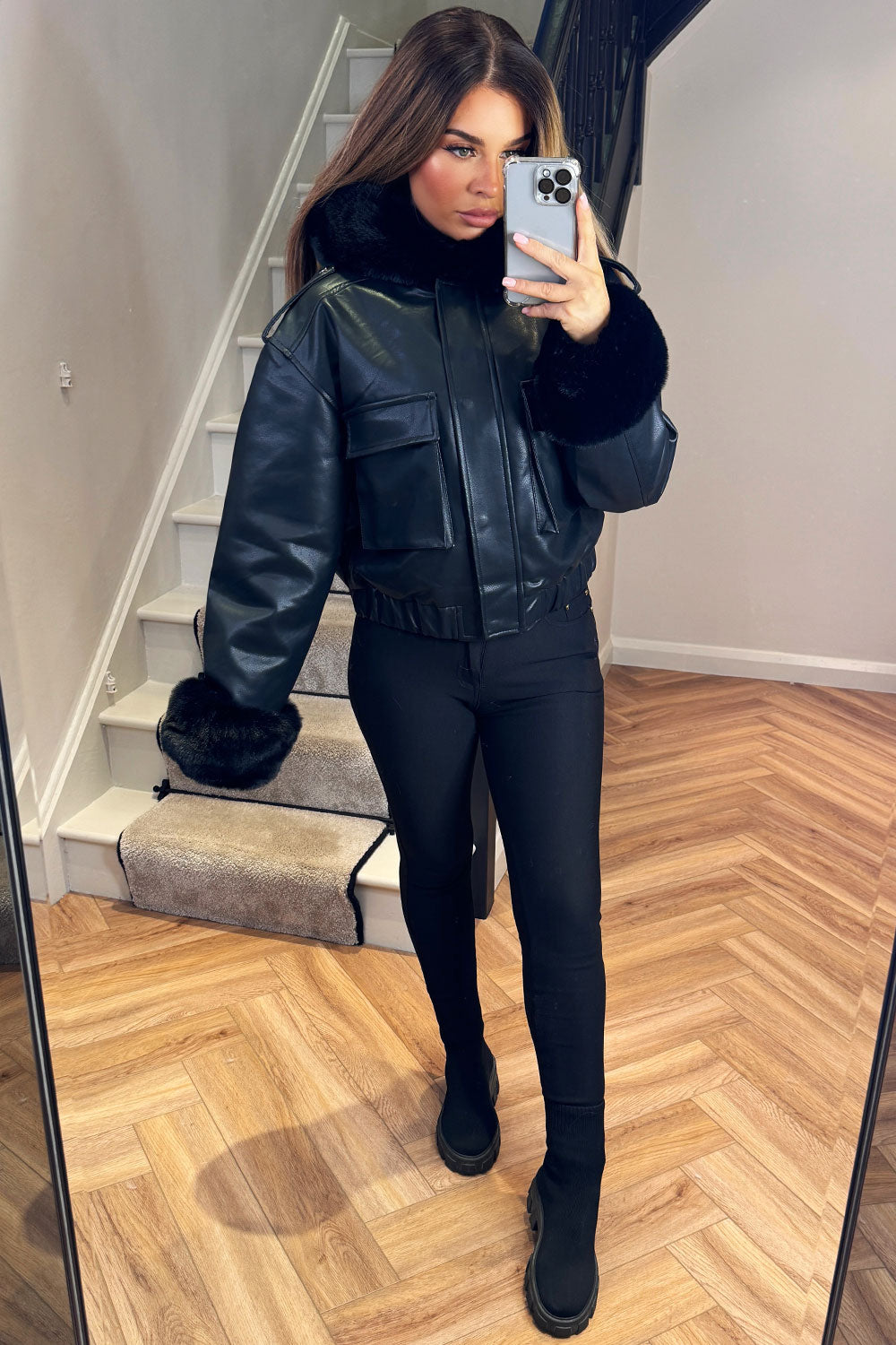 Faux Fur Bomber Jacket in Faux Leather Black | Xtralitty