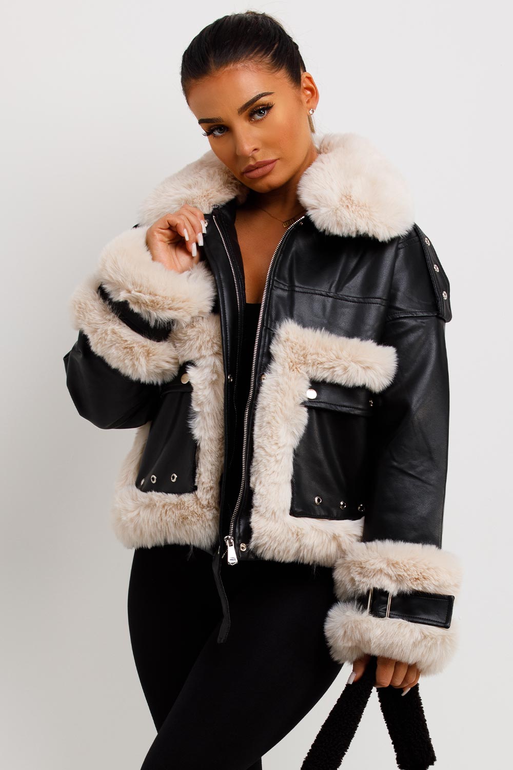 Faux Fur Trim Faux Leather Jacket Black | Xtralitty