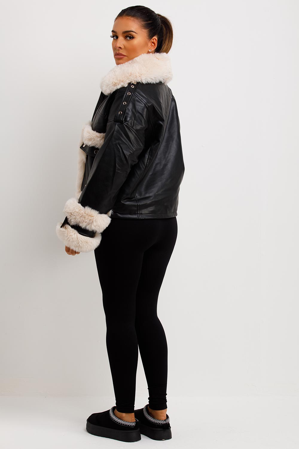 Faux Fur Trim Faux Leather Jacket Black | Xtralitty