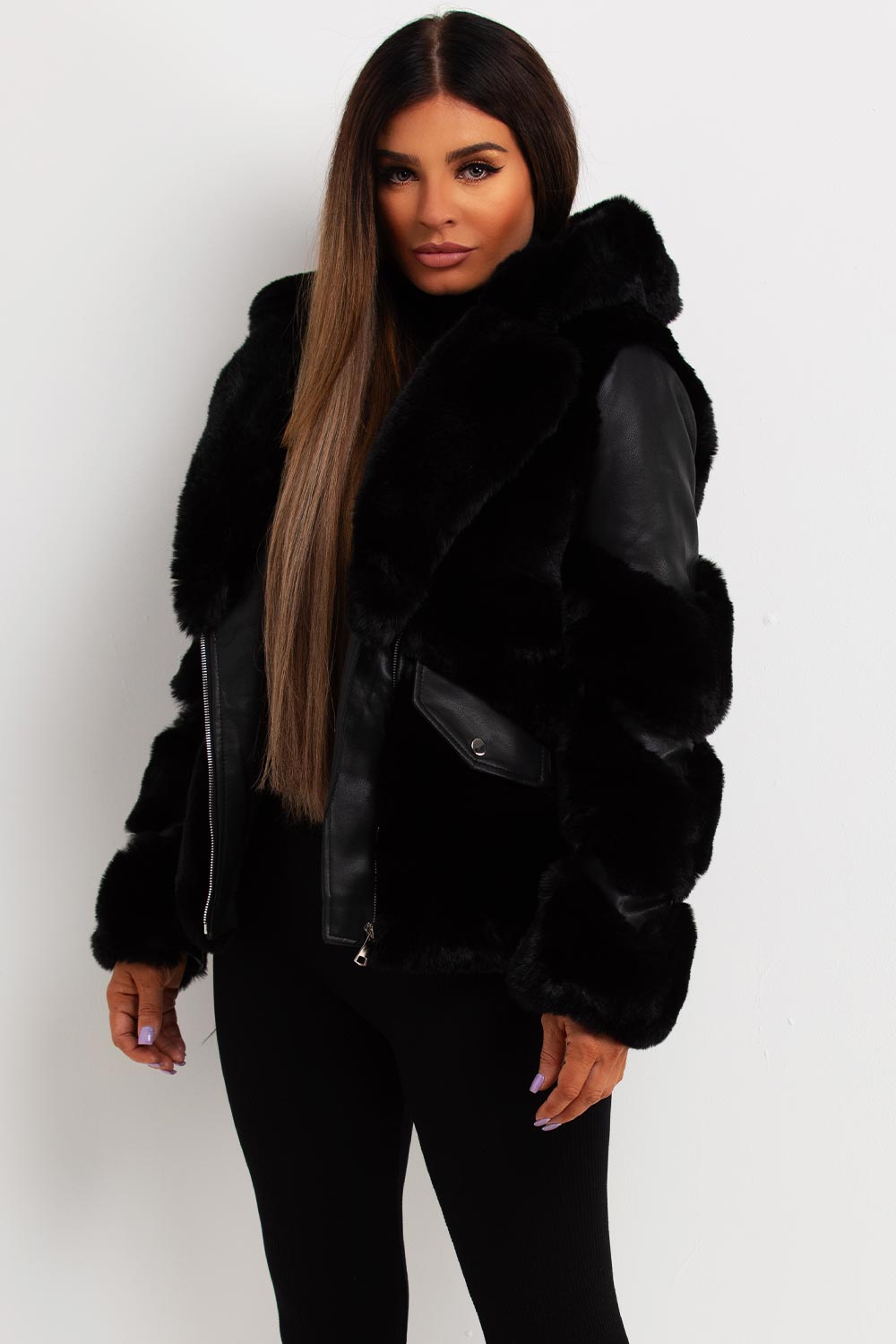 Faux Fur Lined Faux Leather Aviator Jacket Black | Xtralitty