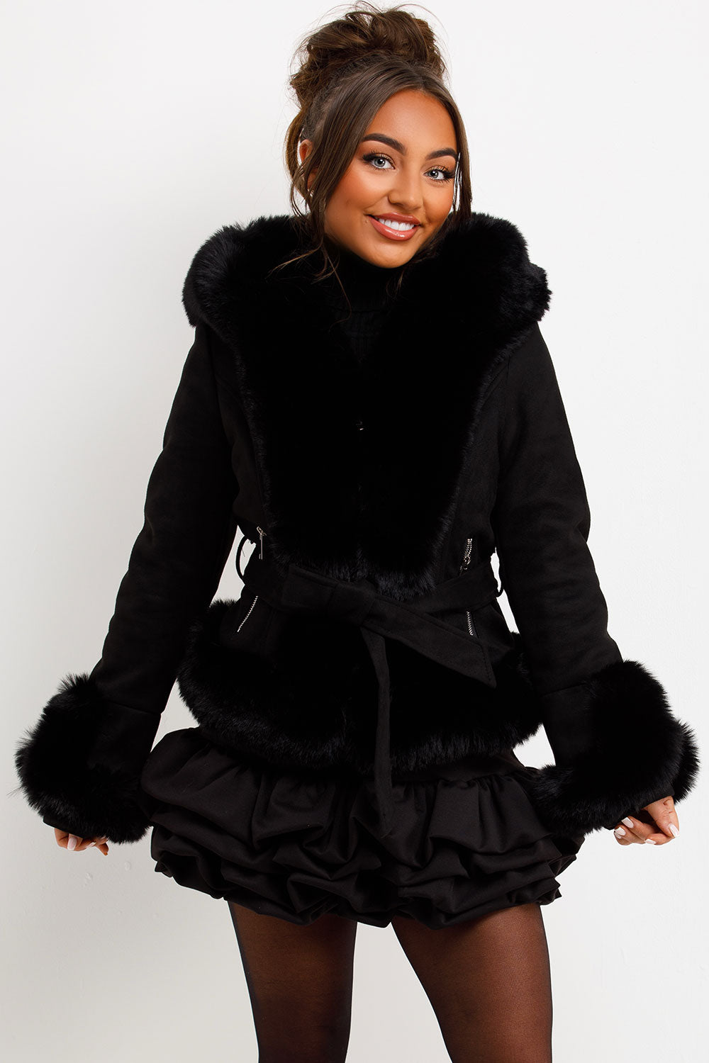 Faux Fur Faux Suede Jacket with Belt Black | Xtralitty
