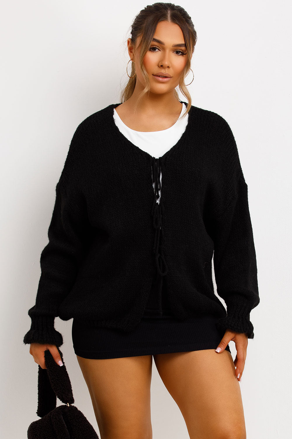 Black Knitted Cardigan with Tie Front | Xtralitty