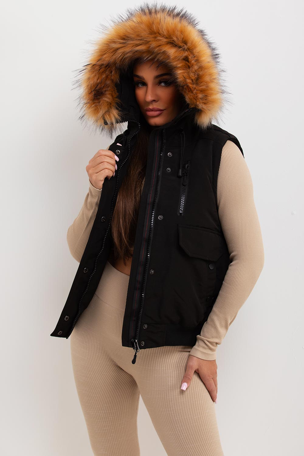 Black Gilet with Fur Hood | Xtralitty
