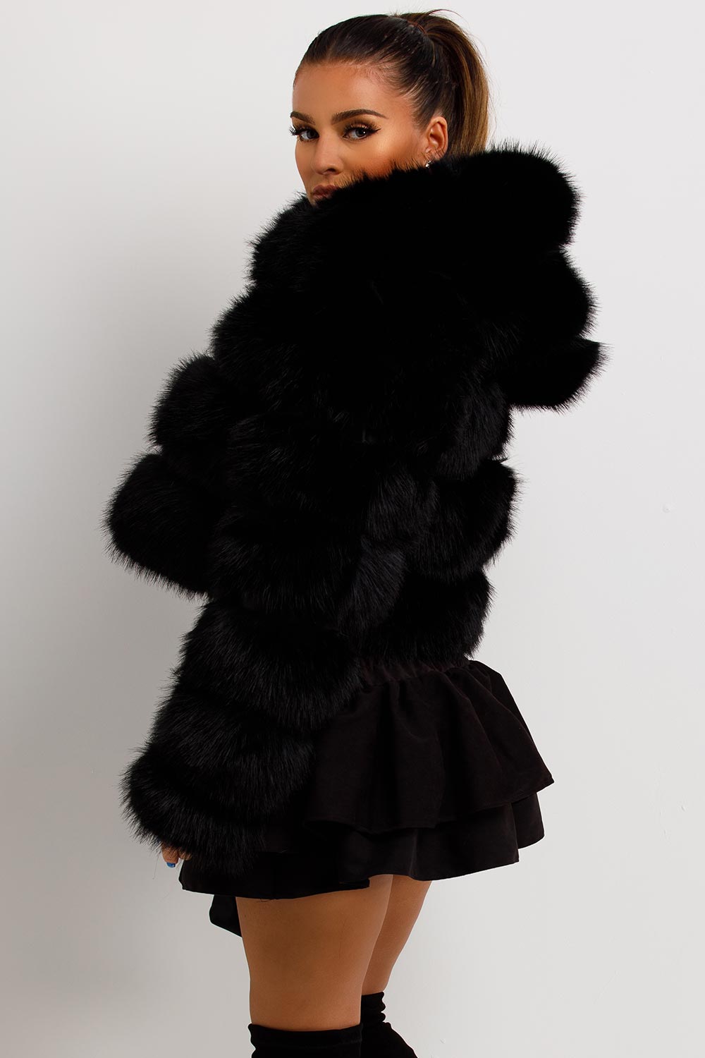 Faux Fur Coat with Hood Black | Xtralitty