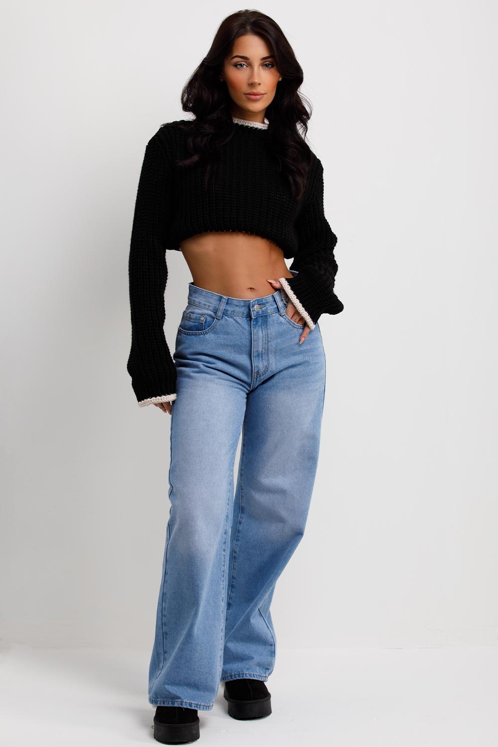 Black Long Sleeve Knitted Cropped Jumper | Xtralitty