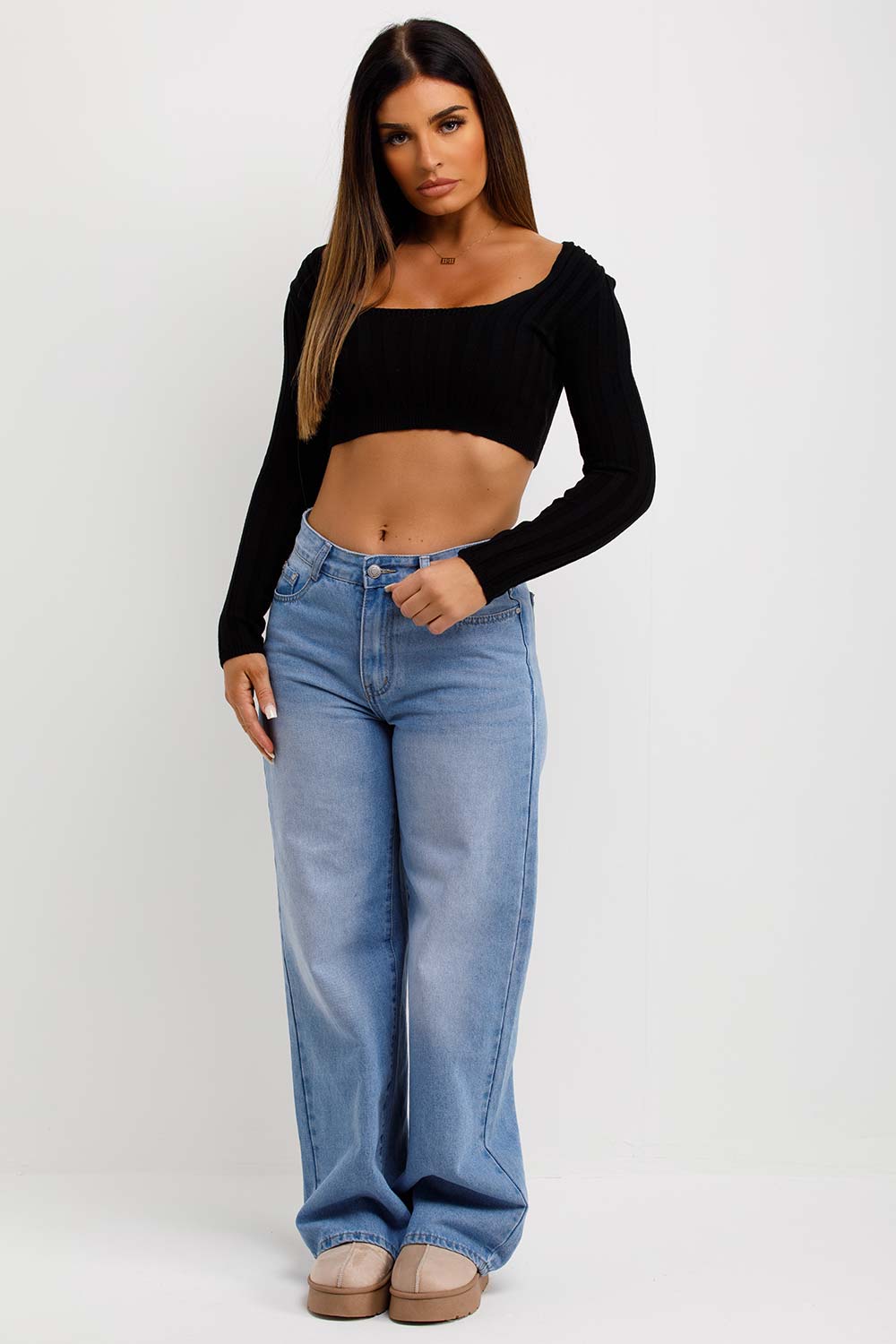 Knitted Square Neck Crop Jumper Black | Xtralitty