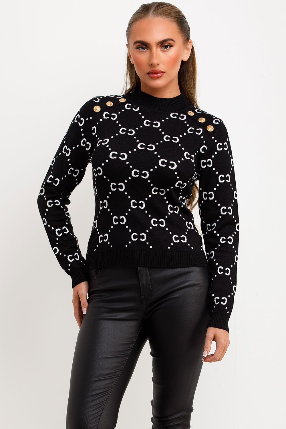 Black Knitted Jumper with Gold Button Cc Print | Xtralitty