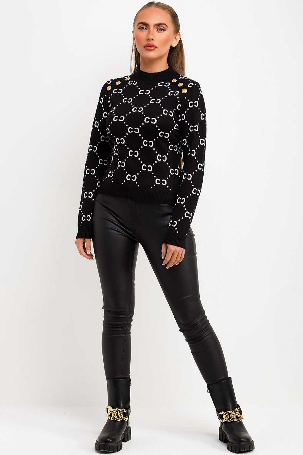 Black Knitted Jumper with Gold Button Cc Print | Xtralitty