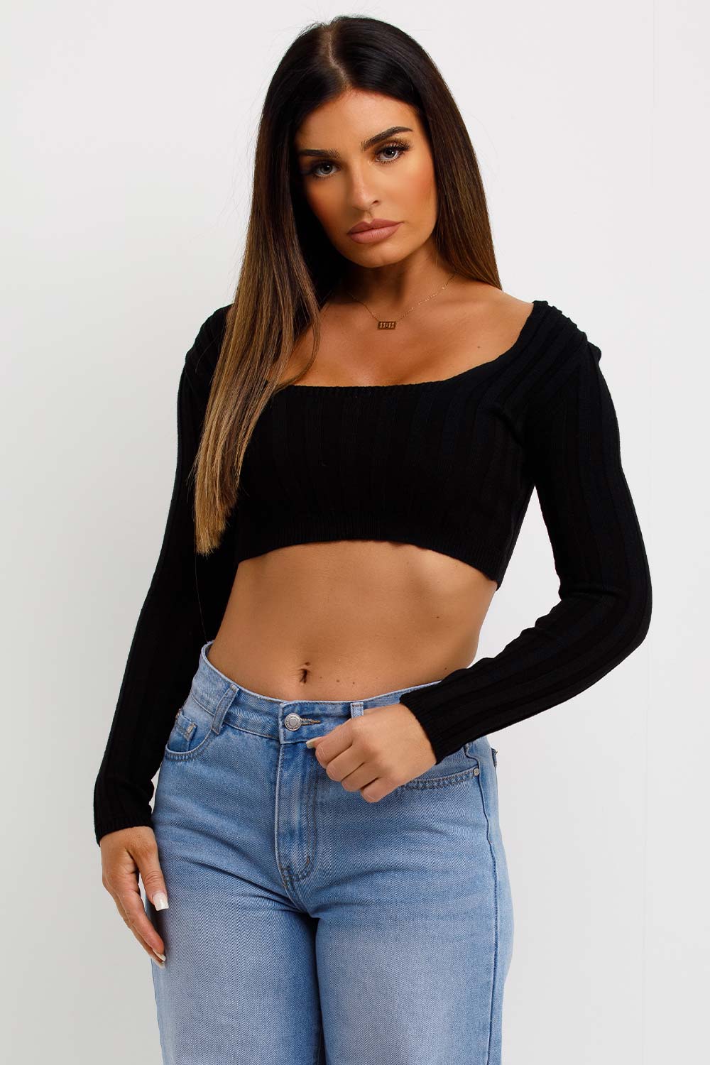 Knitted Square Neck Crop Jumper Black | Xtralitty
