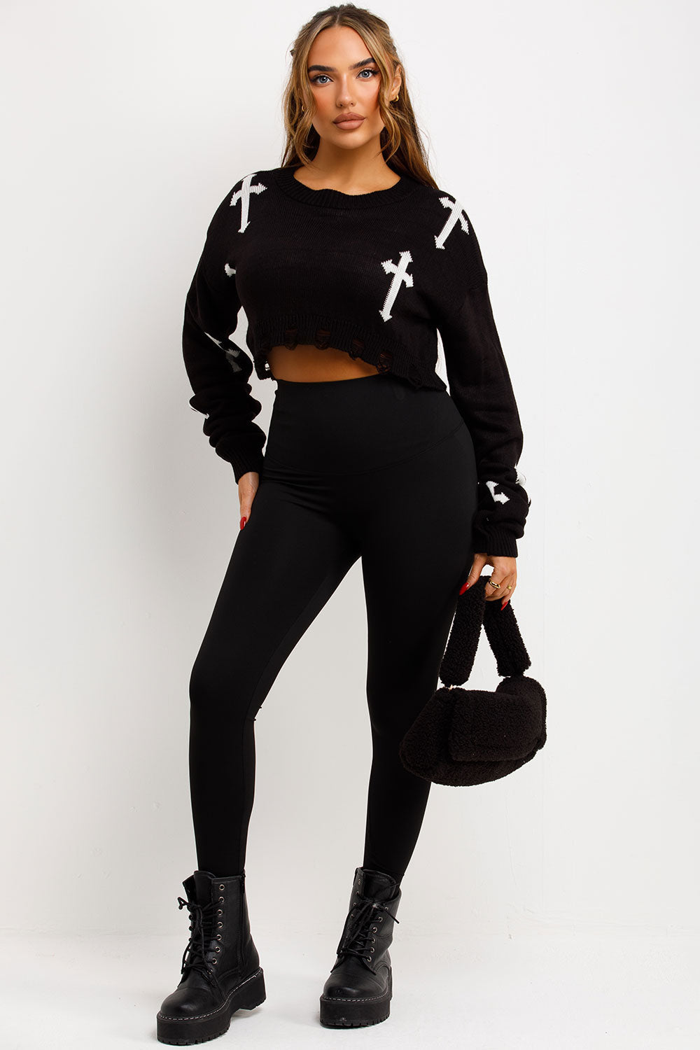 Knitted Jumper with Crosses Cropped Black | Xtralitty