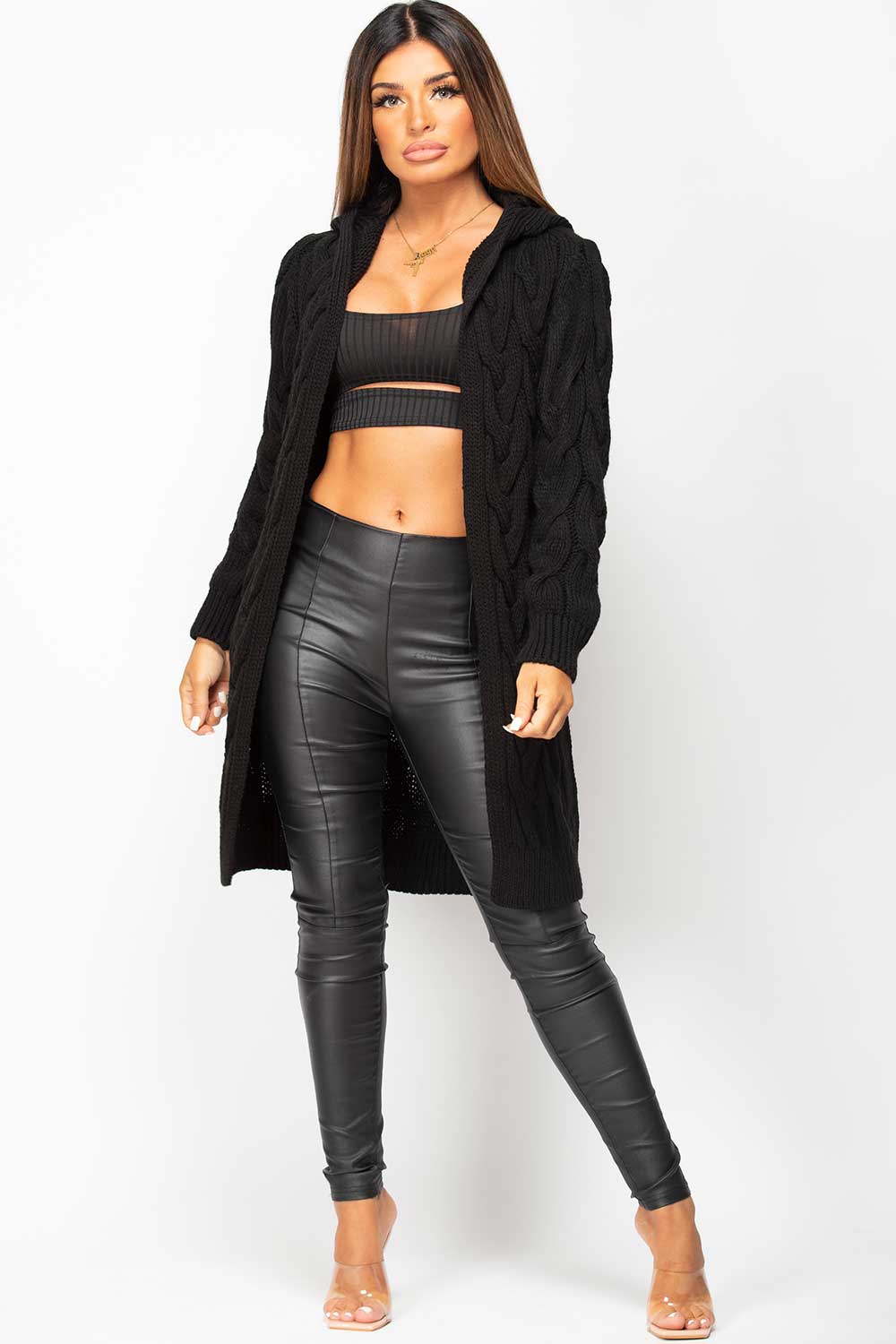 Grey Longline Hooded Cable Knit Cardigan | Xtralitty