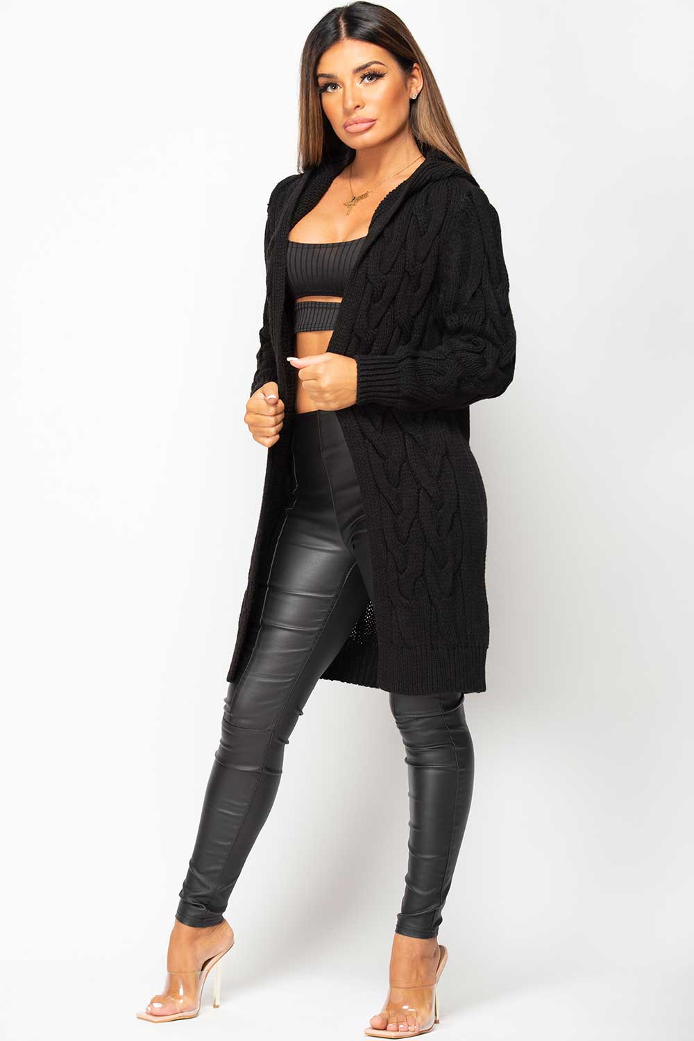 Grey Longline Hooded Cable Knit Cardigan | Xtralitty