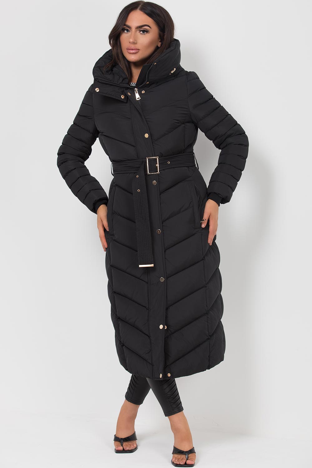 Long Puffer Down Coat with Belt Black | Xtralitty