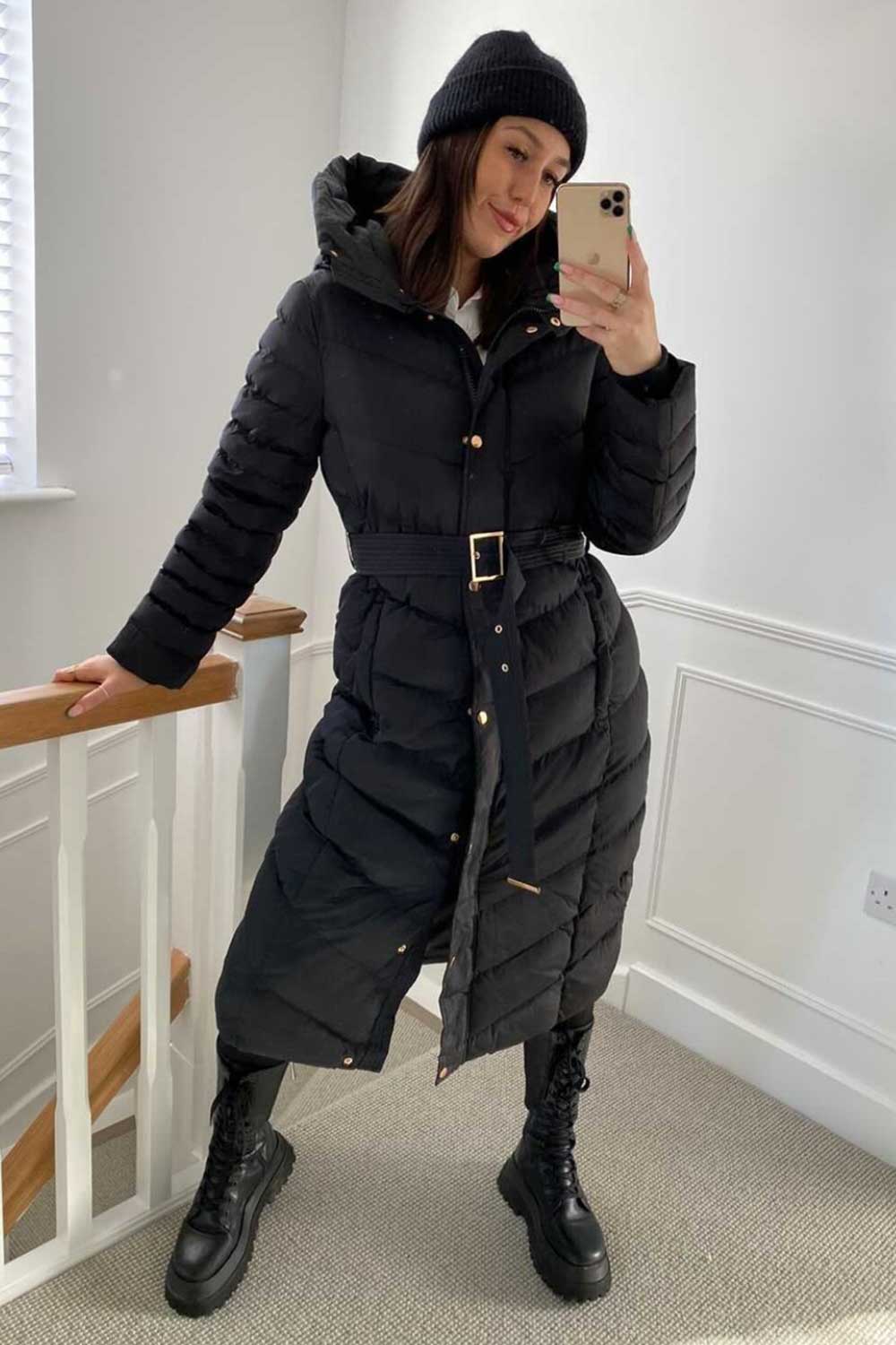 Long Puffer Down Coat with Belt Black | Xtralitty